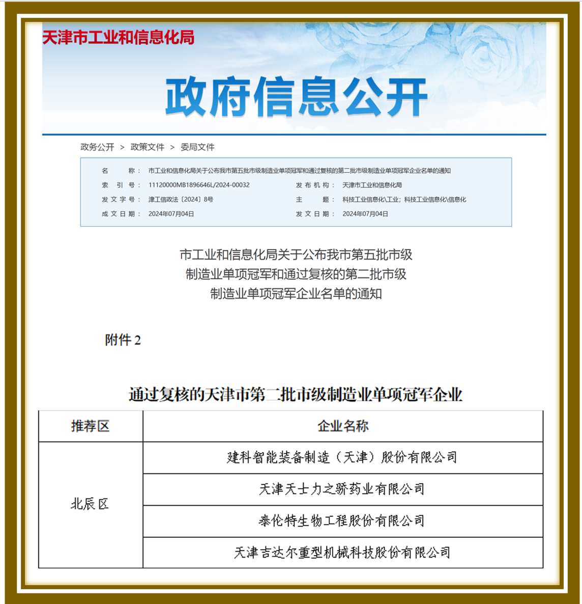 天津市第二批市級(jí)制造業(yè)單項(xiàng)冠軍